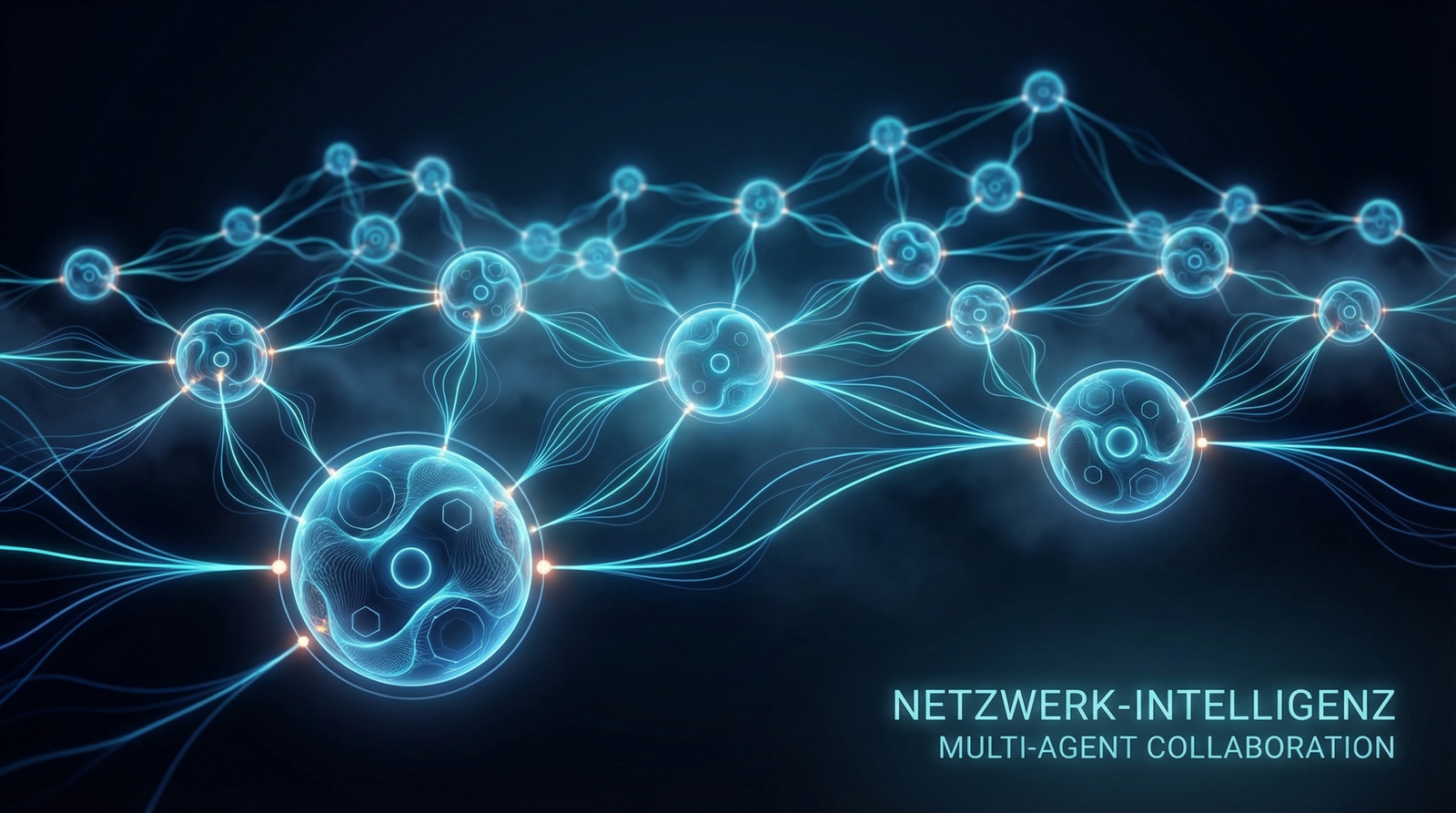 Visualisierung eines lebenden Multi-Agent-Netzwerks mit autonomen AI Agents als leuchtende, vernetzte Knoten